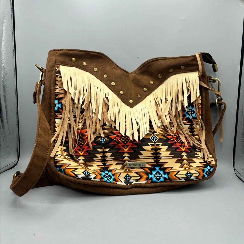 Hand Crafted Brown Crossbody Bag with Fringe and Tribal Design - Picture 1 of 5